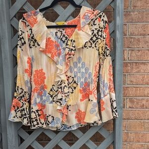 multiprint ruffle long sleeve blouse